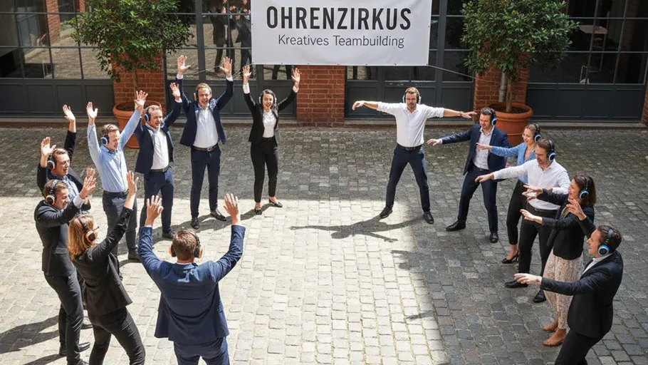 Group wearing headphones, doing outdoor team activity.