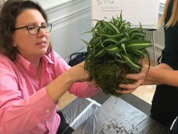 Woman designs a plant ball in a bright room.