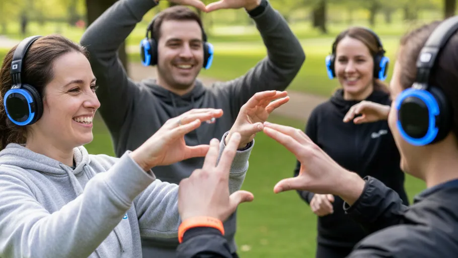 Group wearing headphones making hand gestures outdoors.