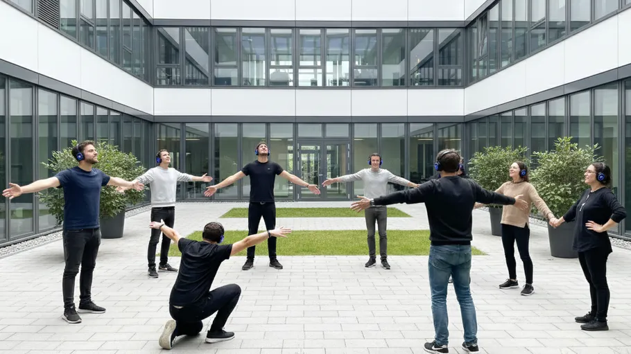 People with headphones standing in a courtyard.