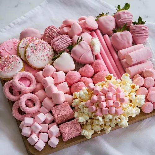 Verschiedene rosa Süßigkeiten auf Holztablett.