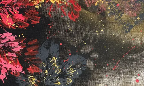 Abstract painting, vibrant brushstrokes on dark background.