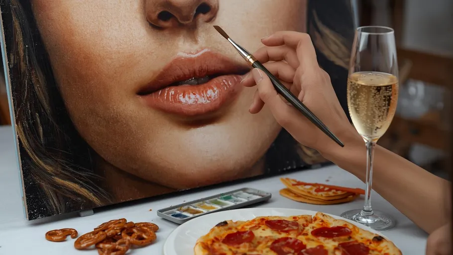 Hand painting portrait, pizza and wine nearby.