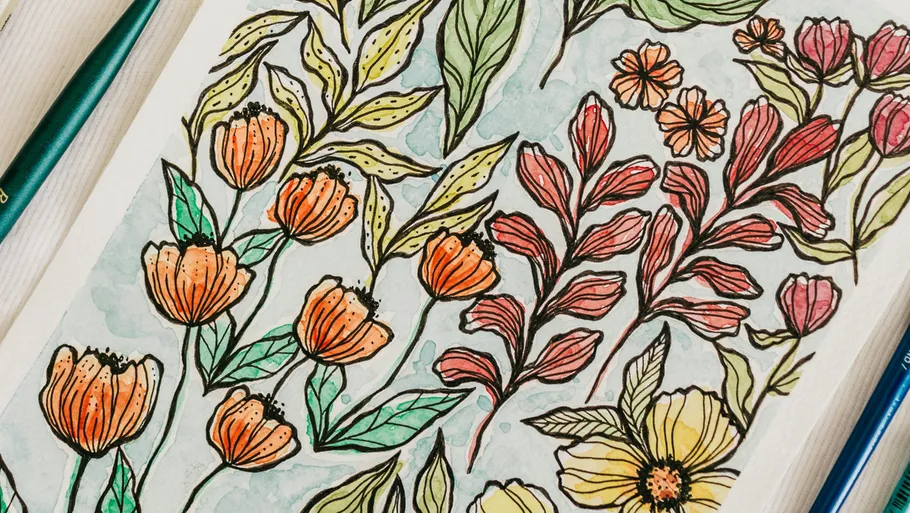 Bunte Blumenillustration mit Stiften in der Nähe.