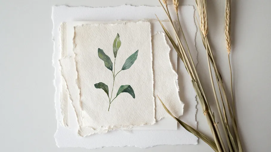 Leaf illustration on layered paper with wheat.