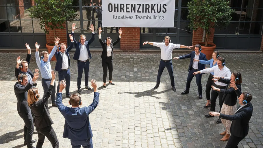 Group of people dancing outside in courtyard.