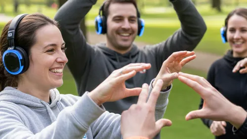 People wearing headphones doing exercises outside.
