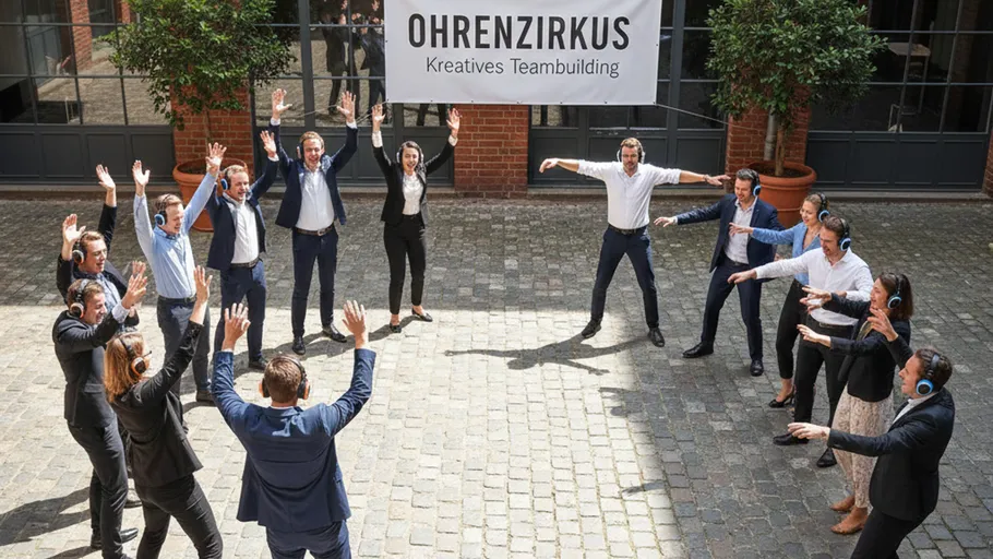 Menschen mit Kopfhörern machen Gruppenübung im Freien.