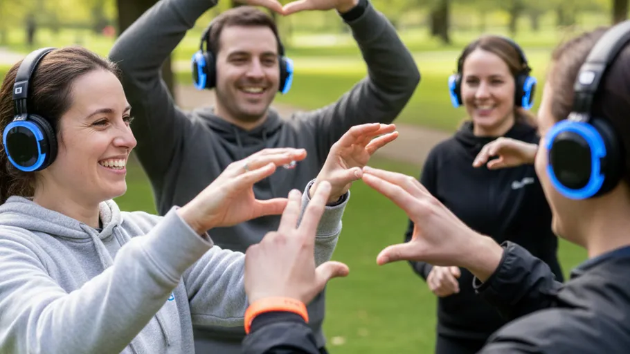 Group with headphones playing outdoors.