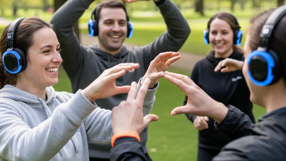 Four people with headphones smiling outdoors.