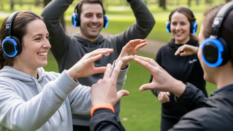 People wearing headphones interacting outdoors.