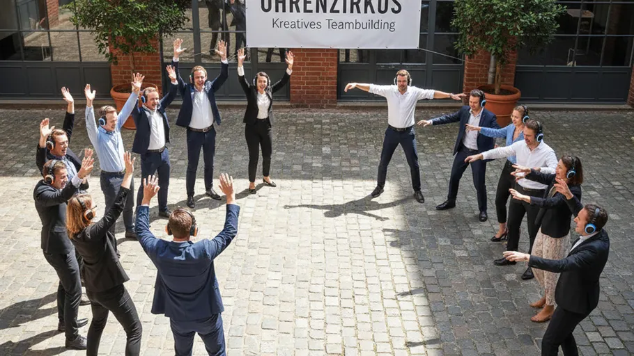 People in a circle with headphones, outdoor team building.