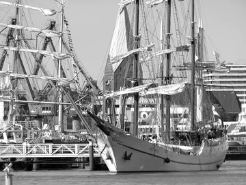 Ein Schiff dockt in einem geschäftigen Hafen an.