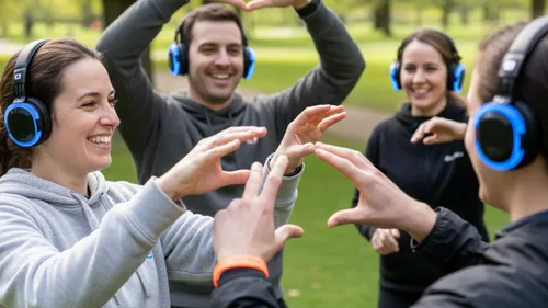People wearing headphones enjoying outdoor activity.