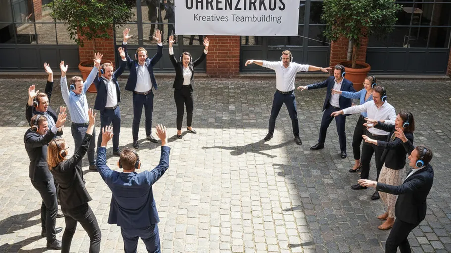 Group dancing outdoor team-building activity.