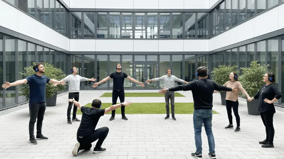 People with headphones performing exercises outdoors.