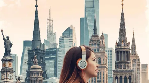 Woman wearing headphones in cityscape with famous landmarks.