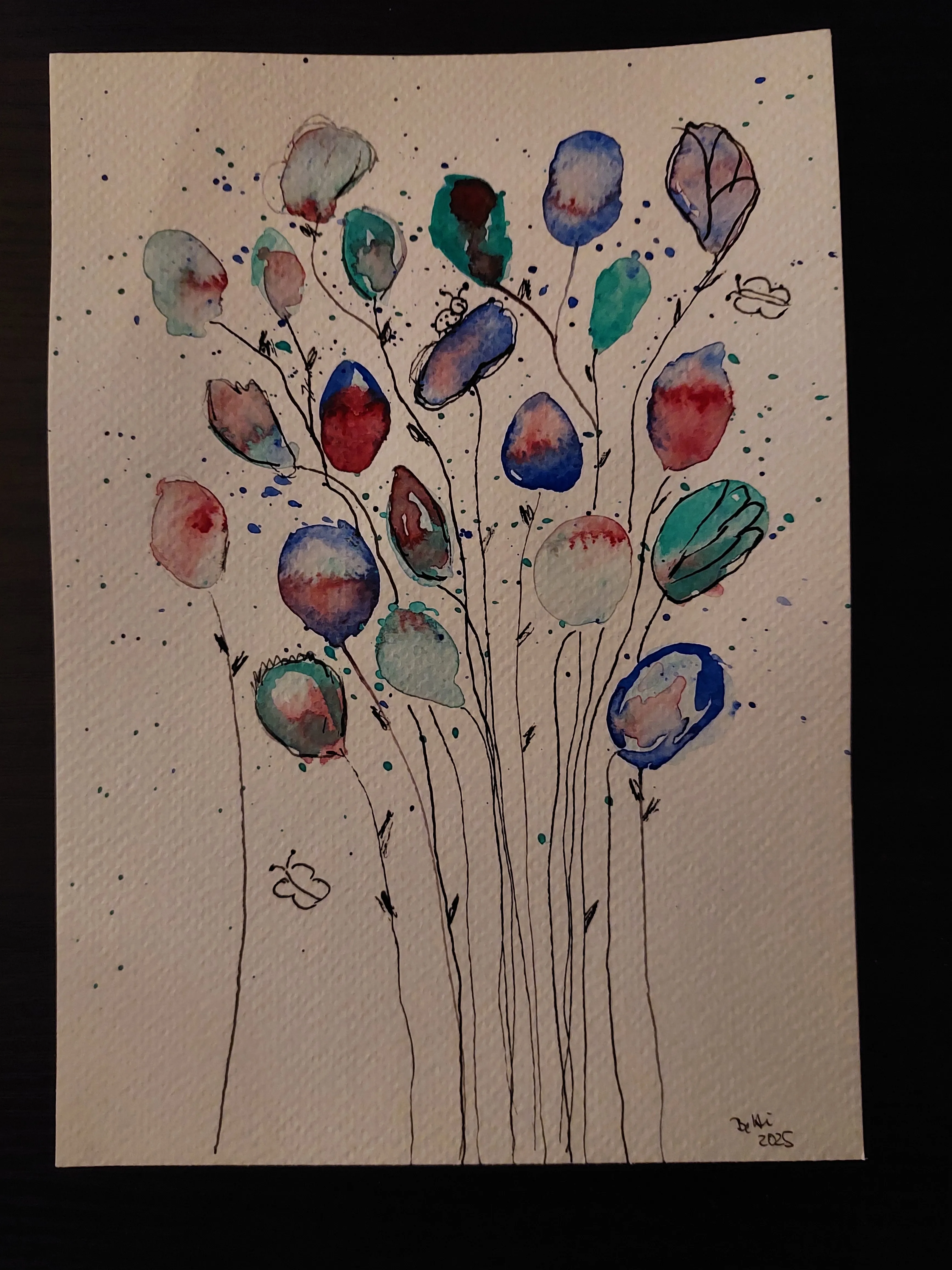 Abstract flowers painted with ink and watercolor.