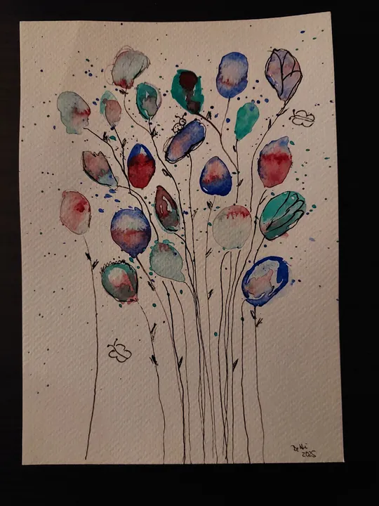 Abstract flowers painted with ink and watercolor.