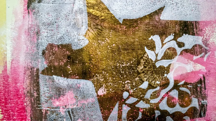 Abstract art with pink, white, gold textures.
