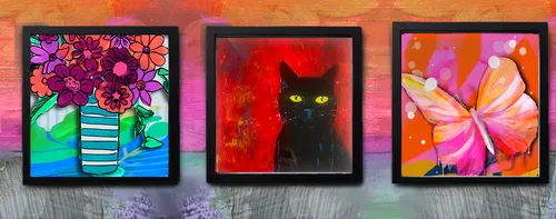 Three framed colorful art paintings on wall.