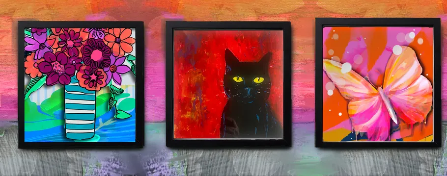 Three framed colorful art paintings on wall.