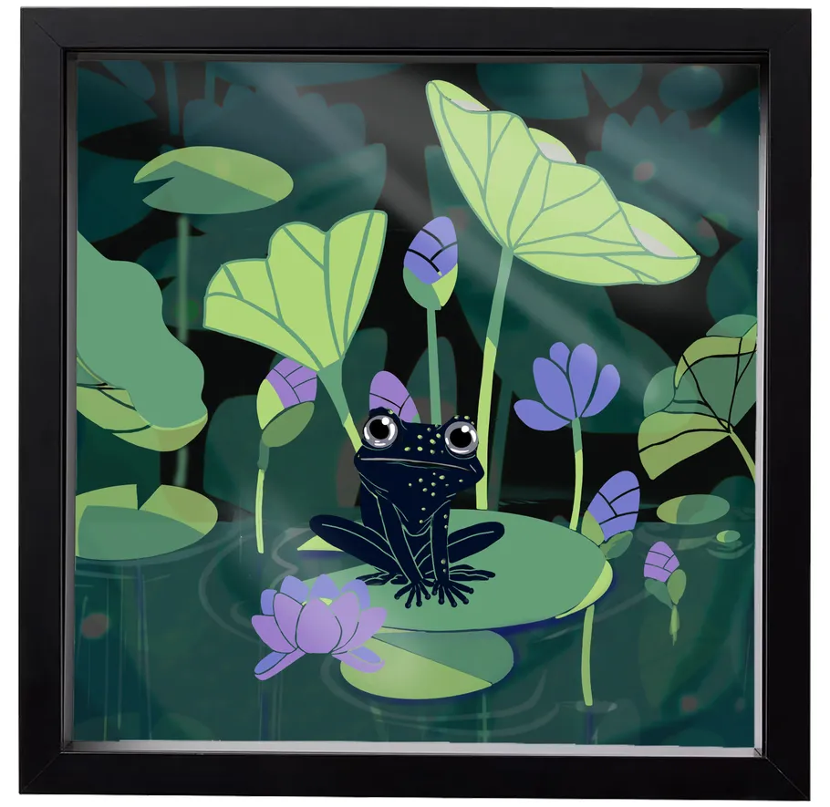 Frog sitting on lily pad in pond.