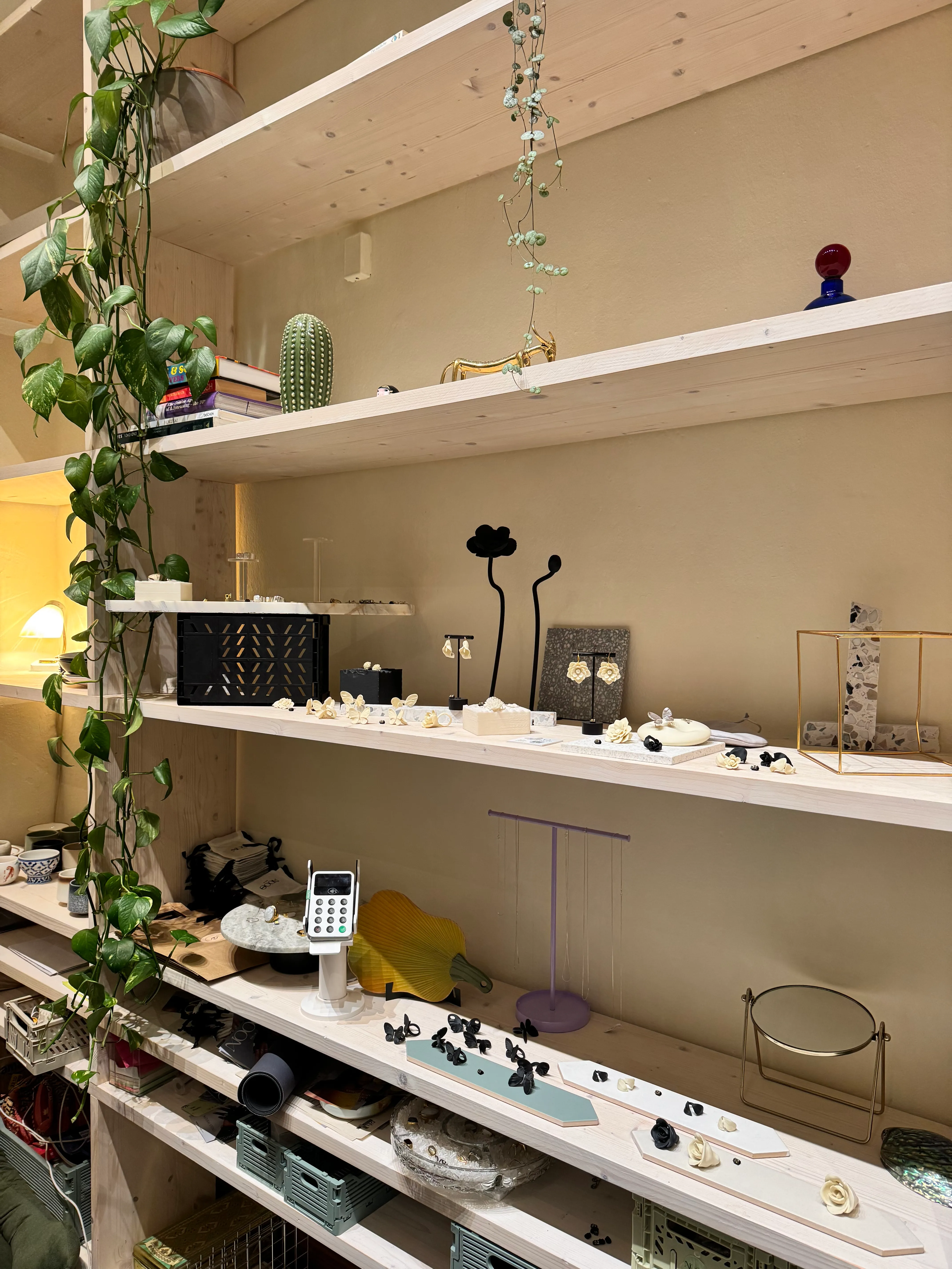 Holzregale mit dekorativen Gegenständen und Pflanzen.