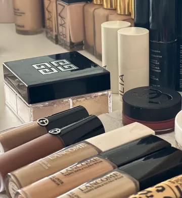 Makeup products organized on a table.
