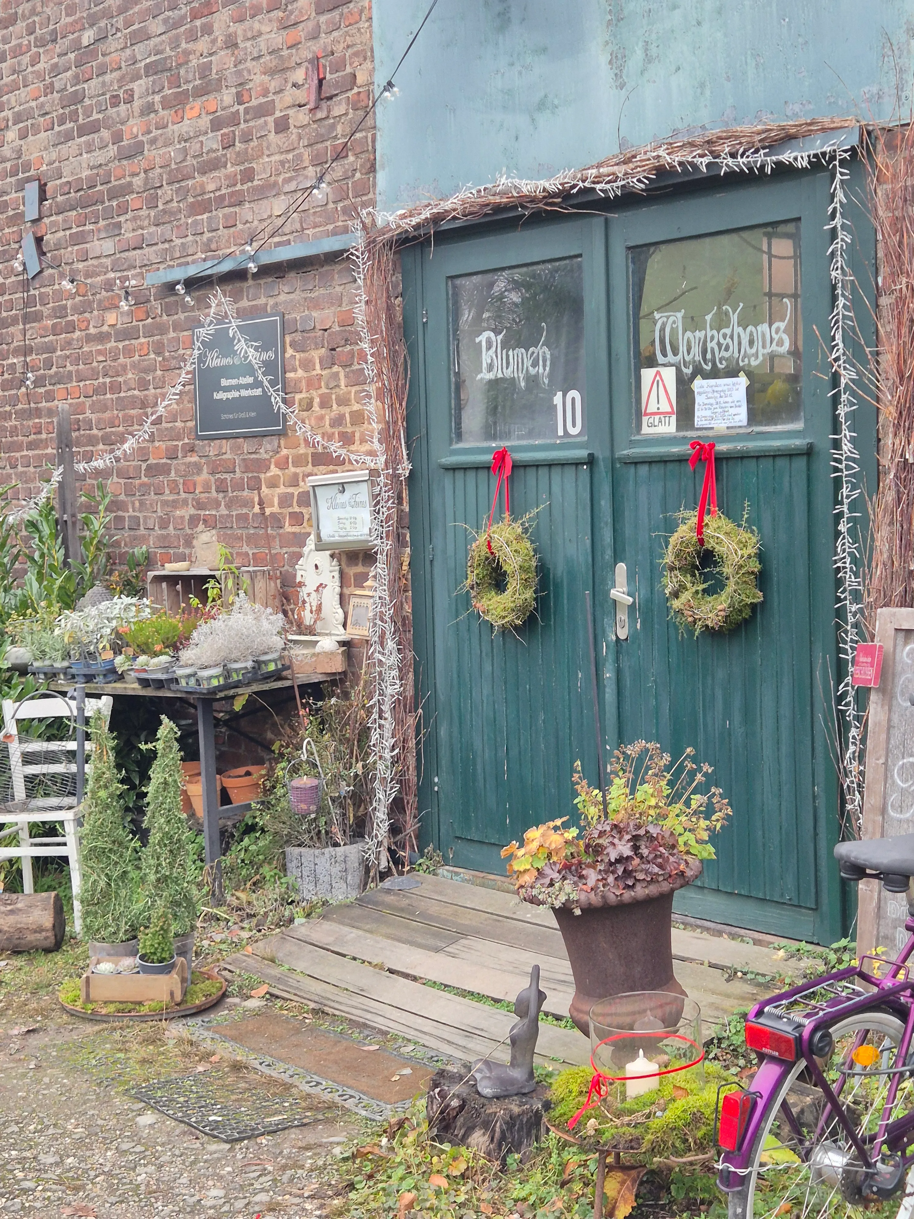 Rustic door with wreaths, plants, and bicycle.