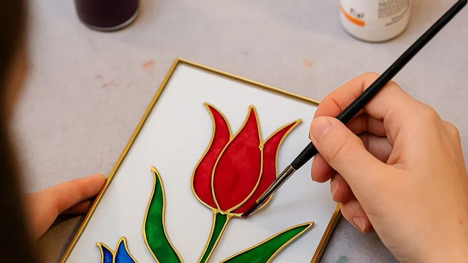 Hand painting red tulip on glass.