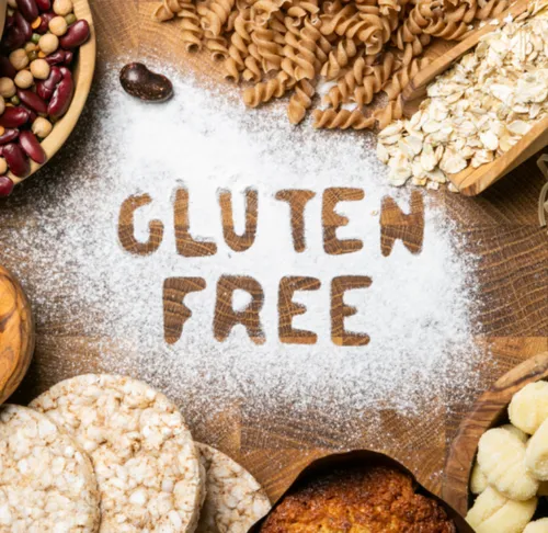 Gluten-free foods arranged around text.