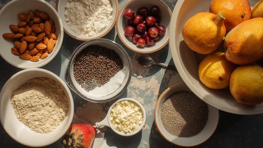 Zutaten mit Früchten und Nüssen auf einem Tisch.