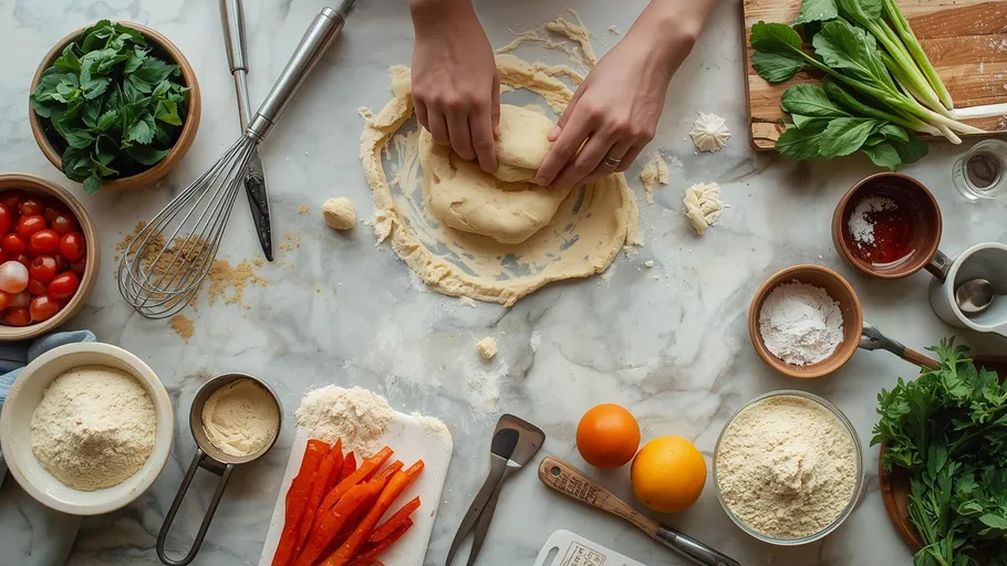 Hands kneading dough on a marble countertop.
