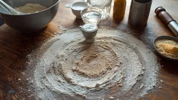 Zutaten und Mehl auf Holztisch verstreut.