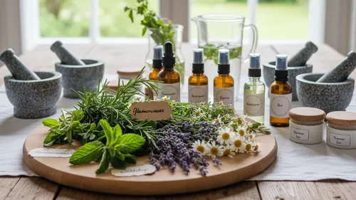 Herbs and oils on wooden table.