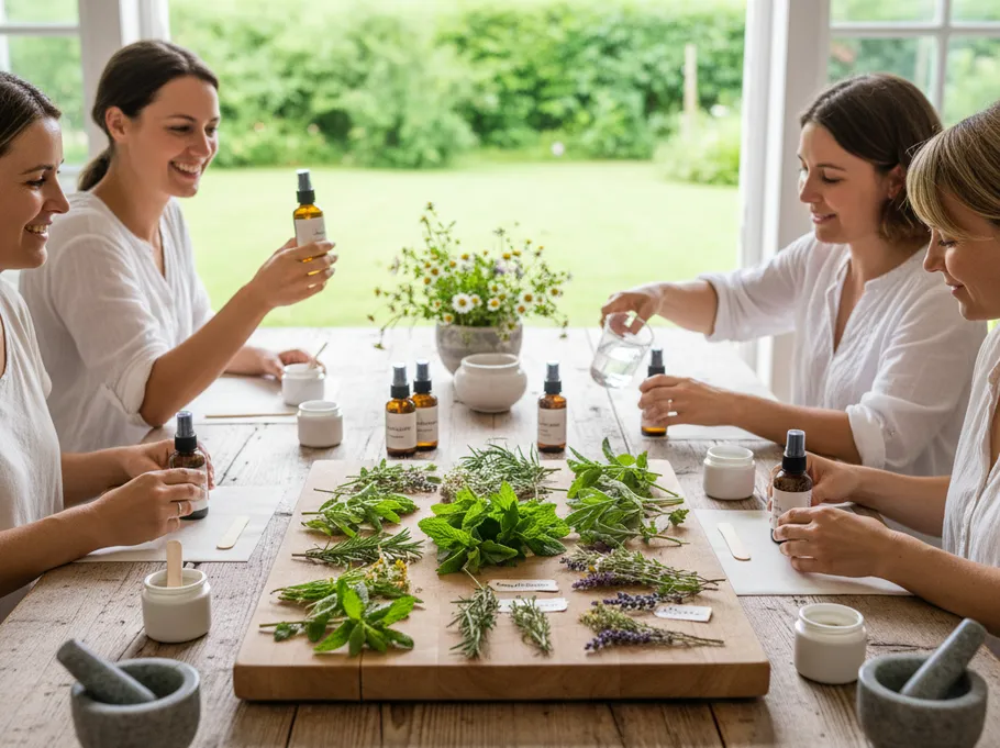 Women creating herbal products on wooden table.