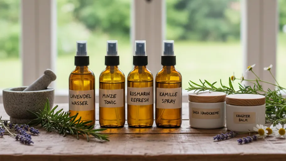 Vier Sprühflaschen, Naturprodukte auf Tisch.