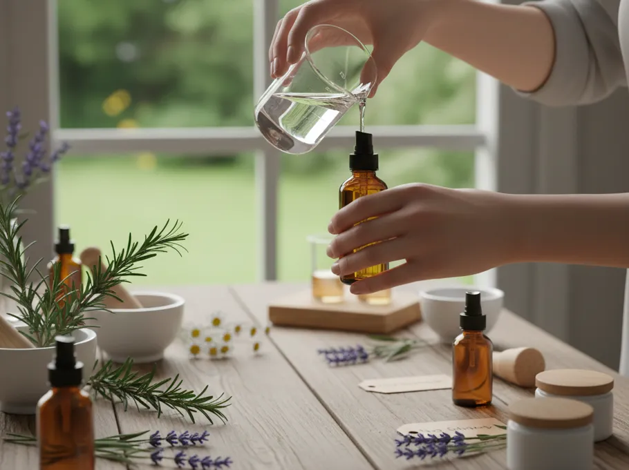 Hände gießen Flüssigkeit in Bernsteinflasche drinnen.