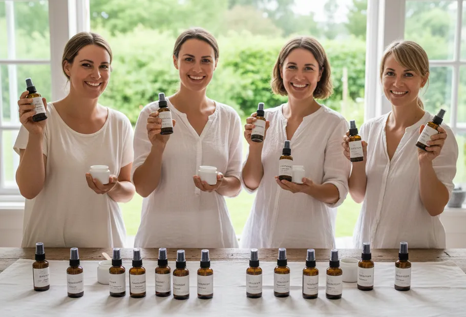 Vier Frauen halten Flaschen in hellem Raum.