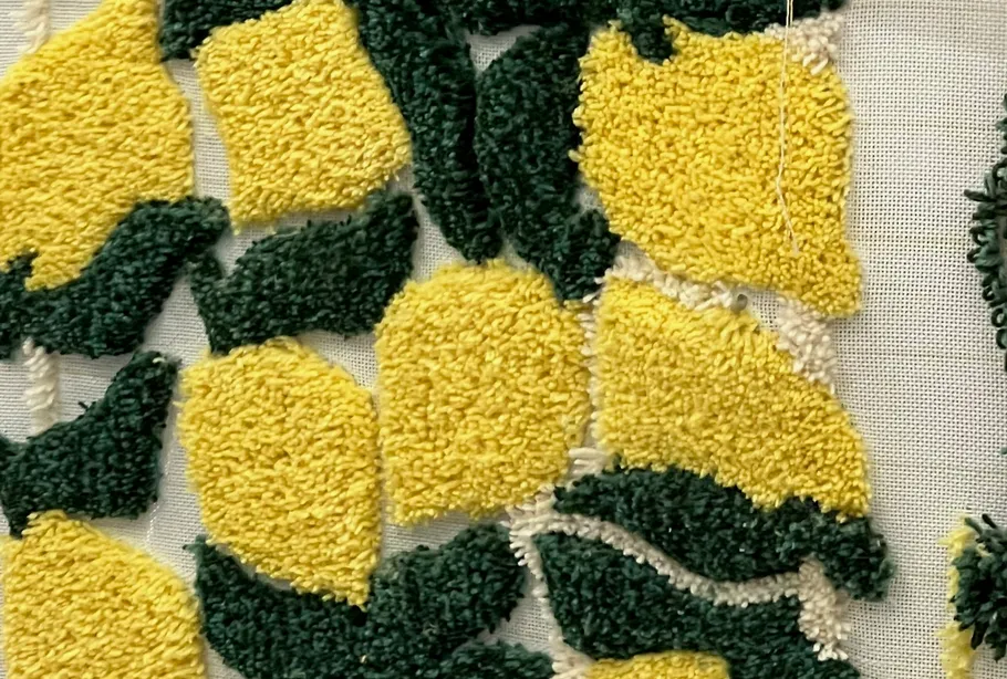 Lemon-patterned rug with textured fabric.