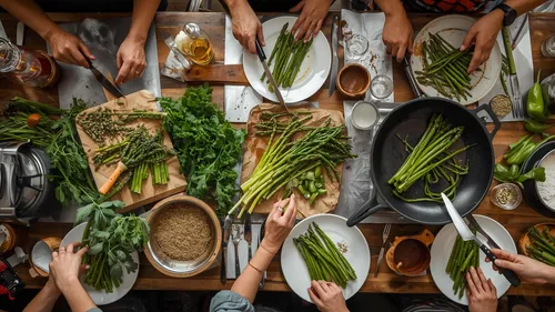 People preparing asparagus on wooden table.