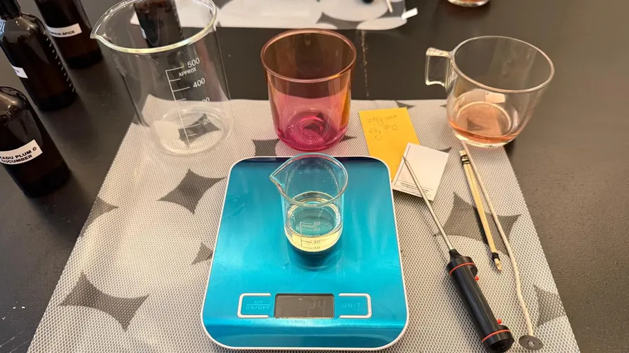 Beakers and scale on laboratory table.