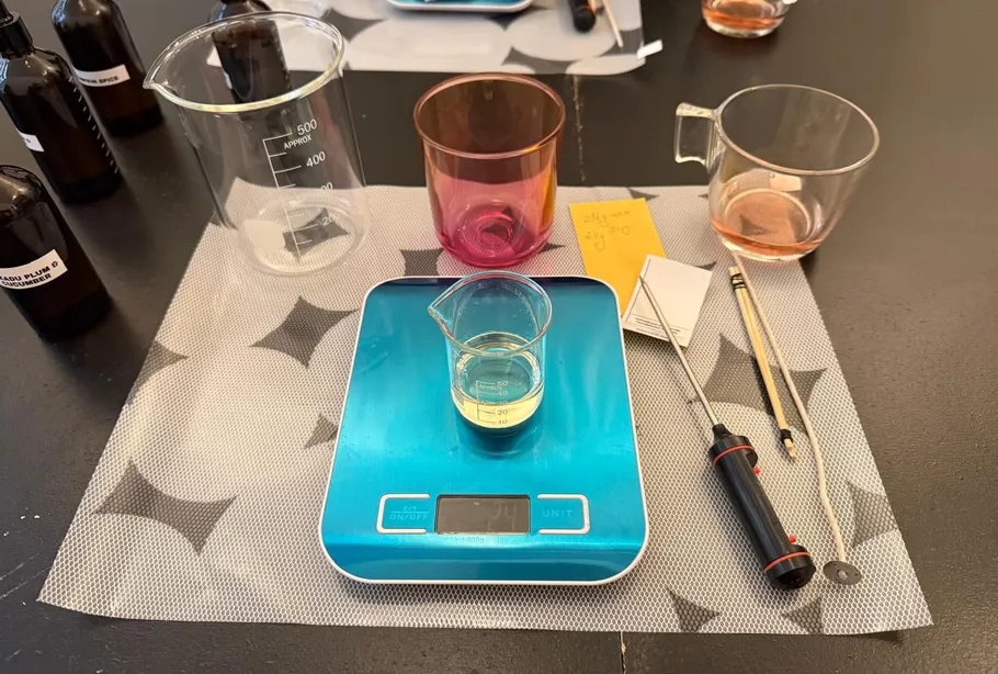 Beakers and scale on laboratory table.