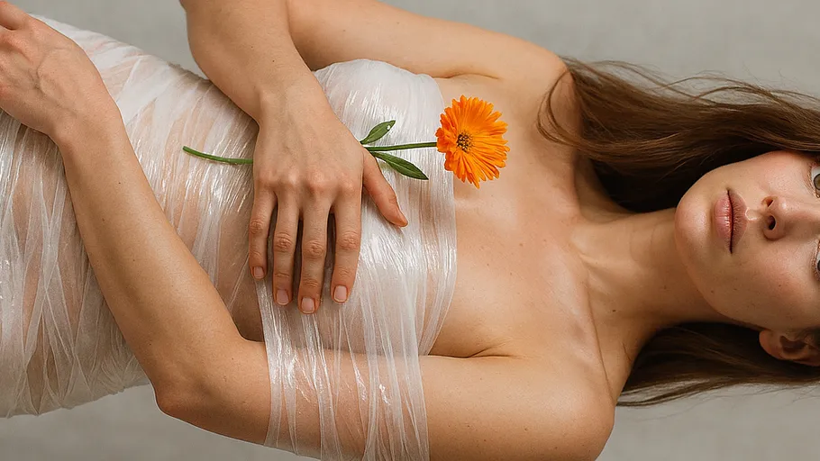 Woman wrapped in fabric, holding orange flower.