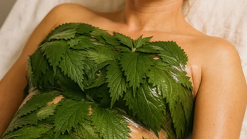Person covered with green leaves on chest.