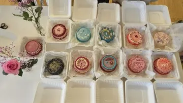 Eleven decorated cakes in open white containers.