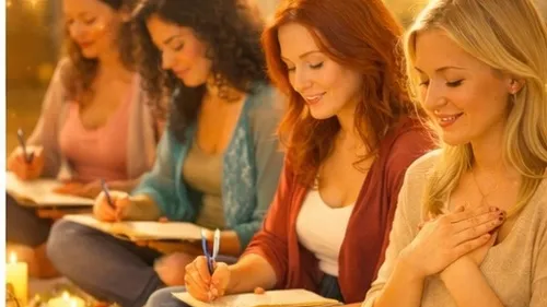 Four women writing in journals by candlelight.