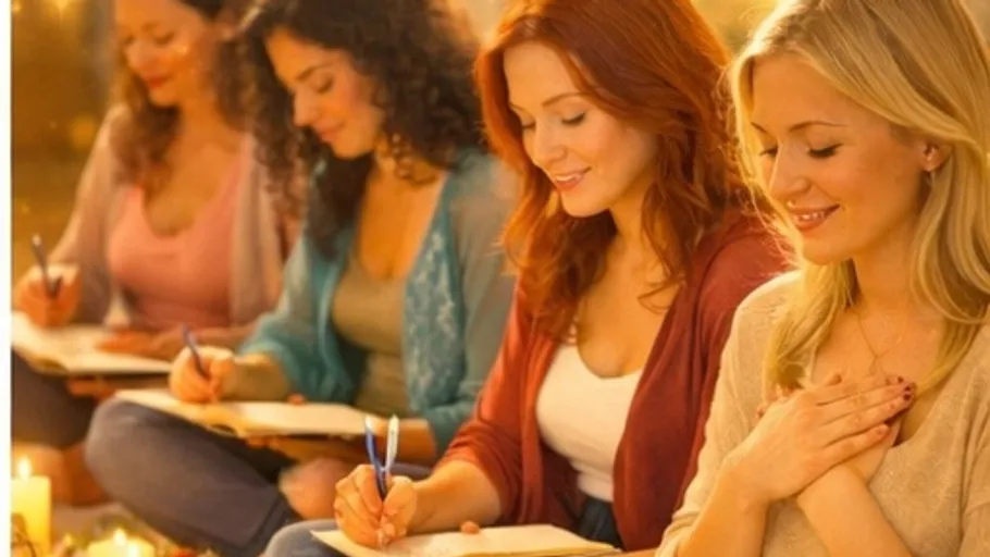 Four women writing in journals by candlelight.