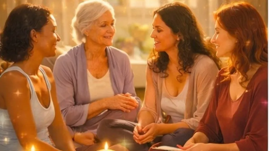 Four women talking, seated indoors, with candles.
